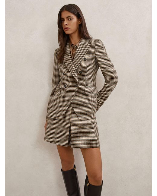 Reiss Natural Hartley - Neutral Check Wool-blend Double-breasted Check Blazer, Us 14