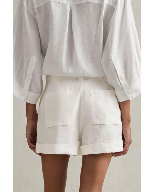 Reiss Natural Demi - White Linen High Rise Garment Dyed Shorts, Us 14