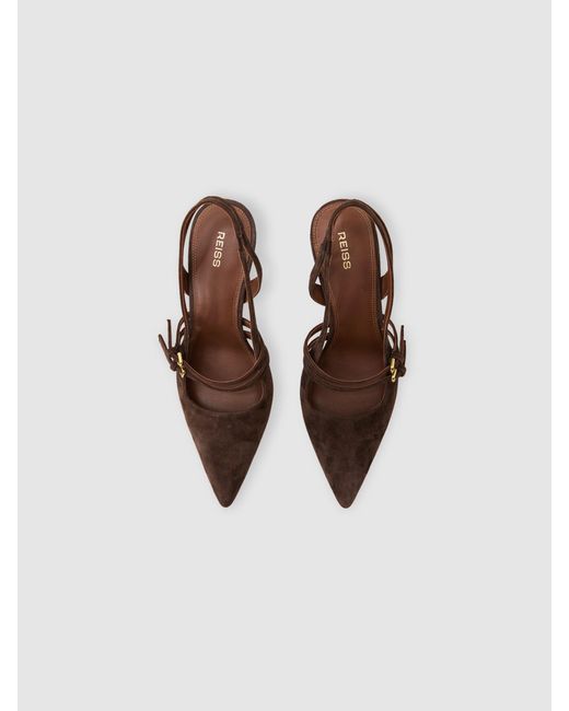 Reiss Brown Suede Buckle-Strap Court Shoes