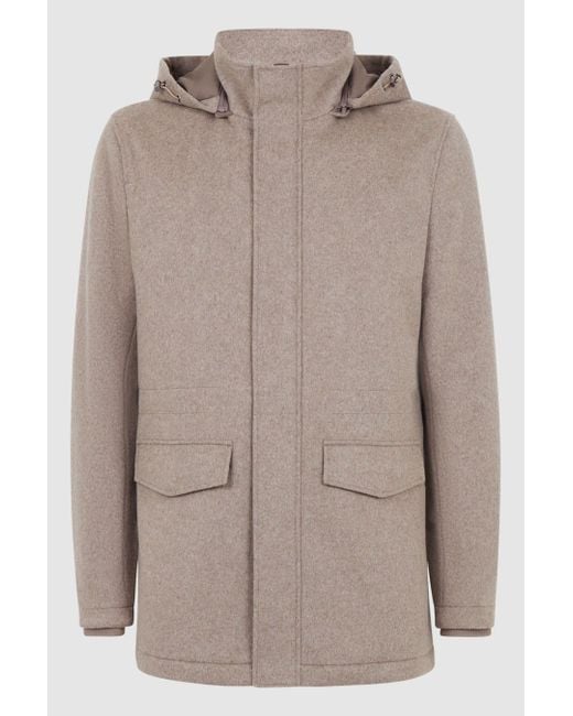 Reiss Brown Torino - Fawn Wool Blend Removable Hooded Coat, S for men