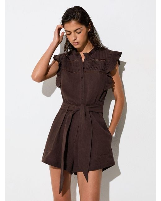Reiss Brown Cotton Cheesecloth Ruffle-Detail Playsuit
