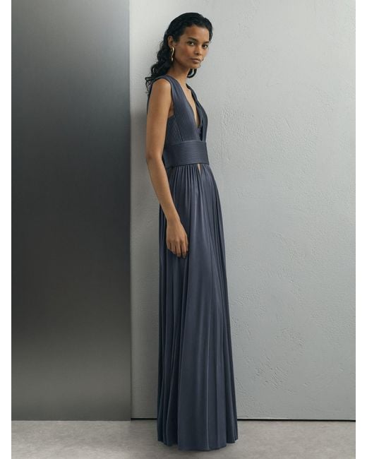 ATELIER Gray Pleated Plunge-Neck Maxi Dress