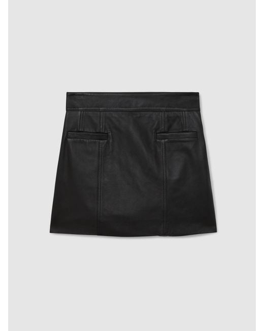 Reiss Natural Seema - Black Leather Welt-pocket Mini Skirt, Us 6
