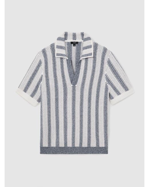 Reiss Gray Soft & Cotton-Blend Crochet Stripe Polo Shirt for men