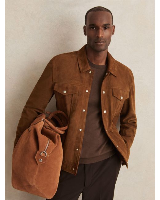 Reiss Brown Suede Press Stud Trucker Jacket for men