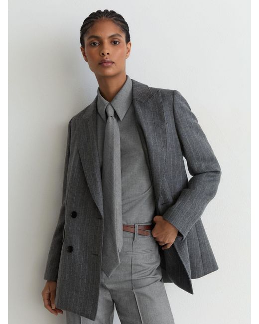 Reiss Gray Woven Neck-Tie Long-Sleeve Shirt