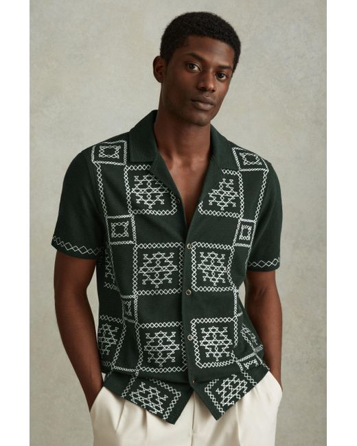 Reiss Natural Cosmos - Green/ecru Textured Embroidered Cuban Collar Shirt for men