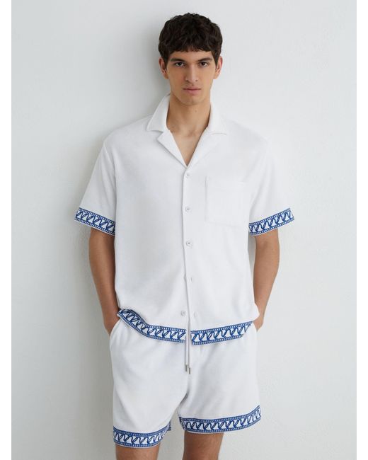 Reiss Blue Bleeker - White Cotton-blend Towelling Embroidered Shirt, Large for men