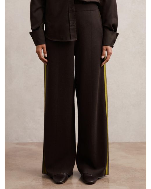 Reiss Brown Knitted Side-Stripe Wide-Leg Trousers