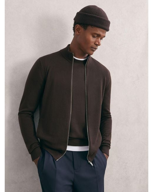 Reiss Black Wool Zip-Through Cardigan for men