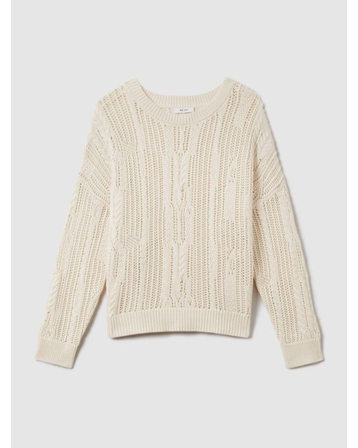Reiss Natural Tanya - Ivory Cotton Blend Open Stitch Crew Neck Jumper, Xs (us 2)