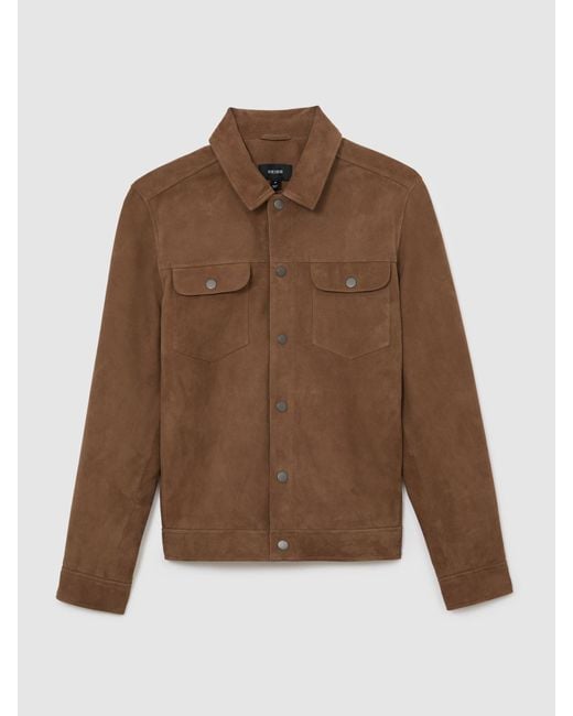 Reiss Brown Suede Press-Stud Twin-Pocket Jacket for men