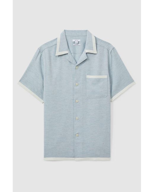 Reiss Green Vita - Soft Blue/white Contrast Trim Cuban Collar Shirt for men