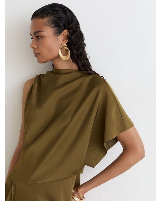 Reiss Natural Satin One-Shoulder Draped Midi Dress