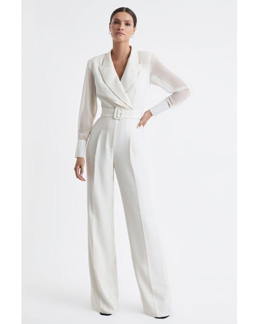 Reiss White Flora - Ivory Sheer Belted Double Breasted Jumpsuit
