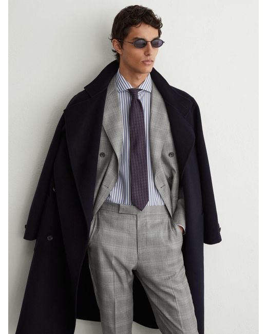 Reiss Gray Wool Check Side-Adjuster Suit Trousers Classic-Fit for men