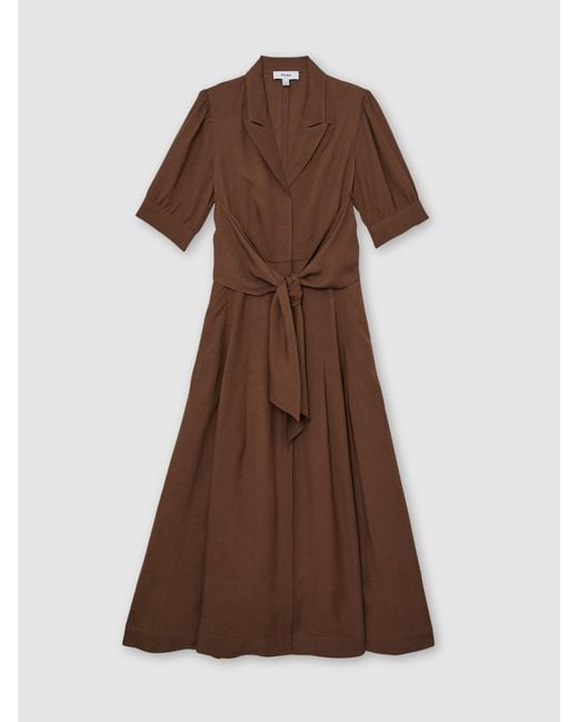 Reiss Brown Short-Sleeve Belted Midi Dress With Linen