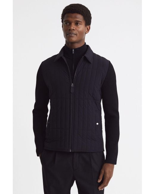 Reiss Blue Tosca - Black Hybrid Knit And Quilt Jacket for men