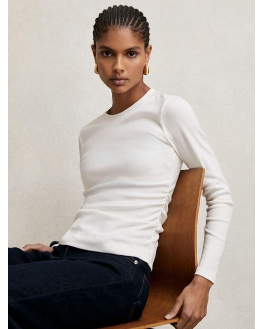 Reiss Tessa - White Cotton Long-sleeve Ruched T-shirt With Stretch, Xs (us 2)