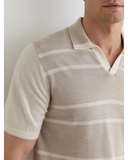 Reiss White Oatmeal & Merino Wool Striped-Knit Polo Jumper for men