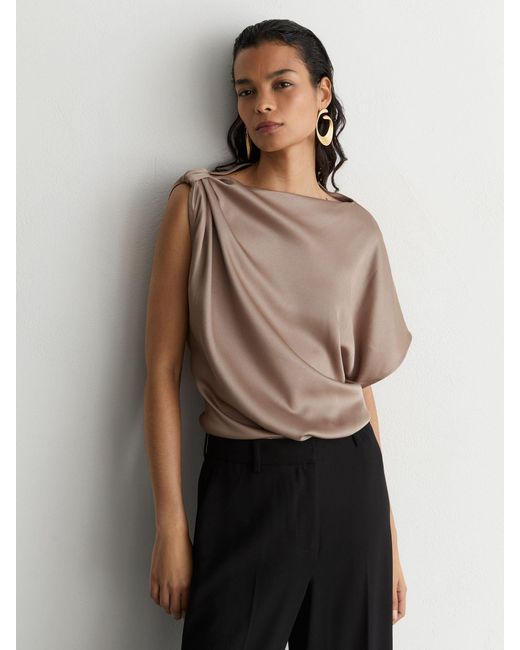 Reiss Brown Satin Draped One-Shoulder Top