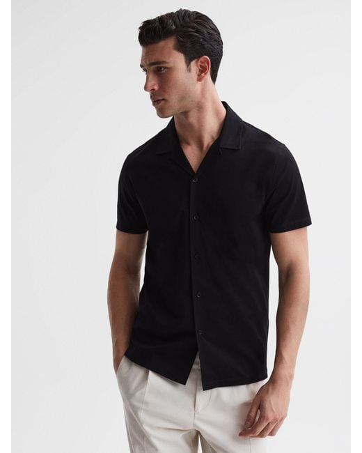 Reiss Caspa - Black Mercerised Jersey Cuban Collar Shirt, M for men