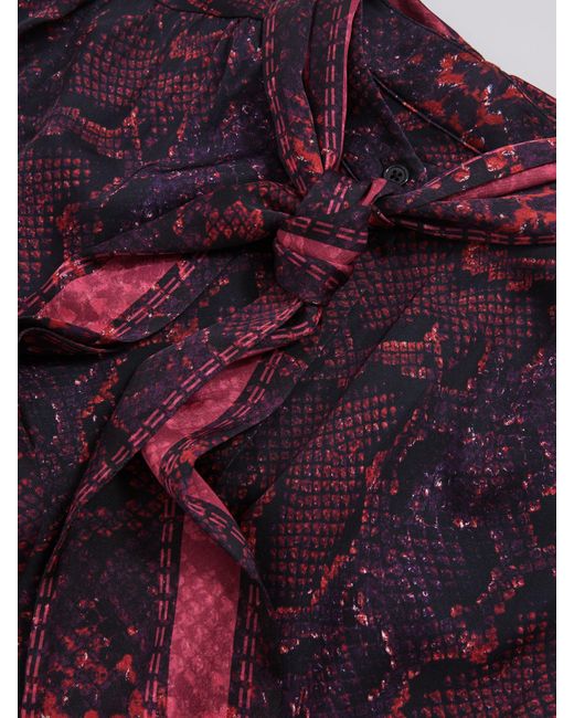 Reiss Blue Snake-Print Tie-Neck Blouse