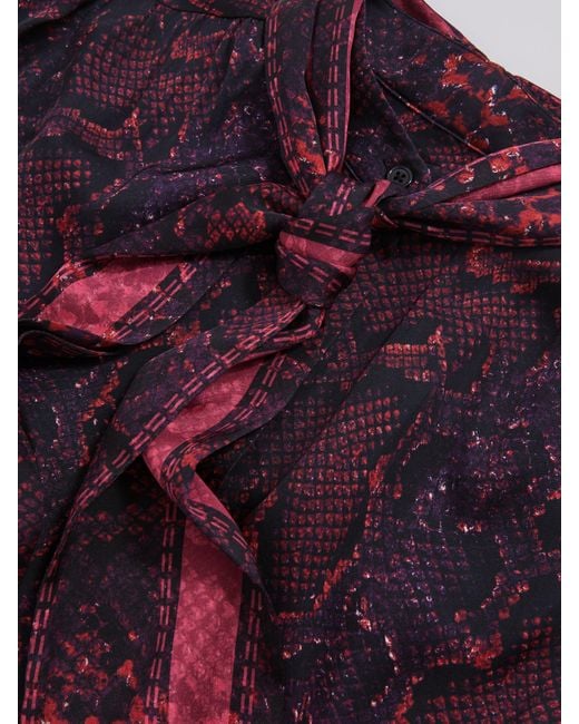 Reiss Blue Snake-Print Tie-Neck Blouse