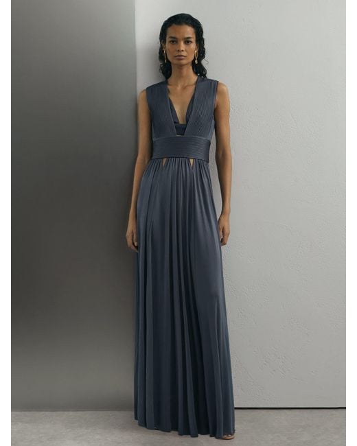 ATELIER Gray Pleated Plunge-Neck Maxi Dress