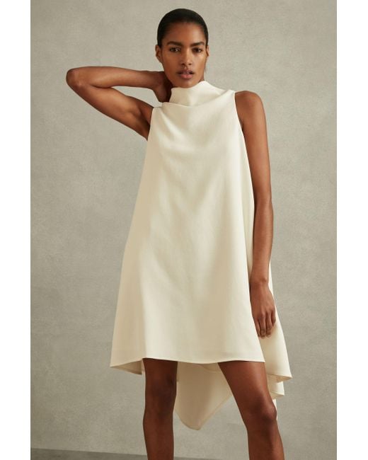Reiss Natural Shauna - Ivory High-neck Drape Back Mini Dress