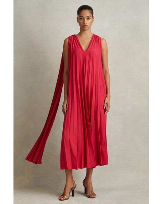 Reiss Red Loreli - Coral Pleated Cape Sleeve Midi Dress, Us 8
