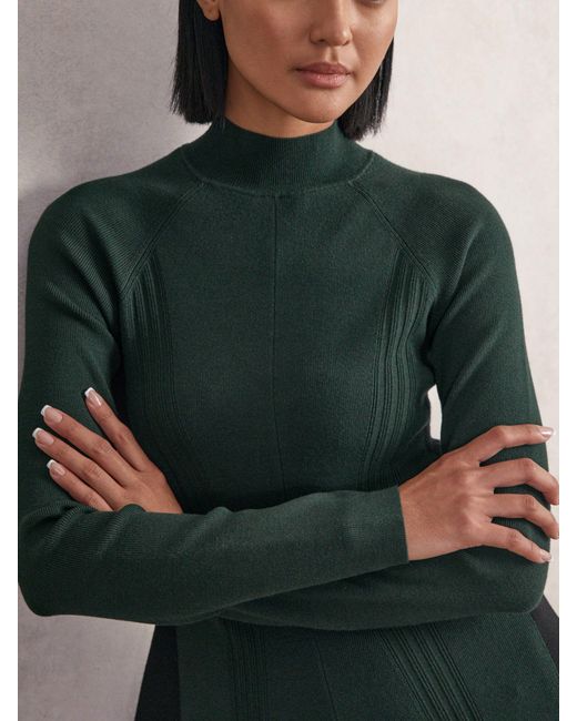 Reiss Green Knitted Contrast-Panel Skater Dress