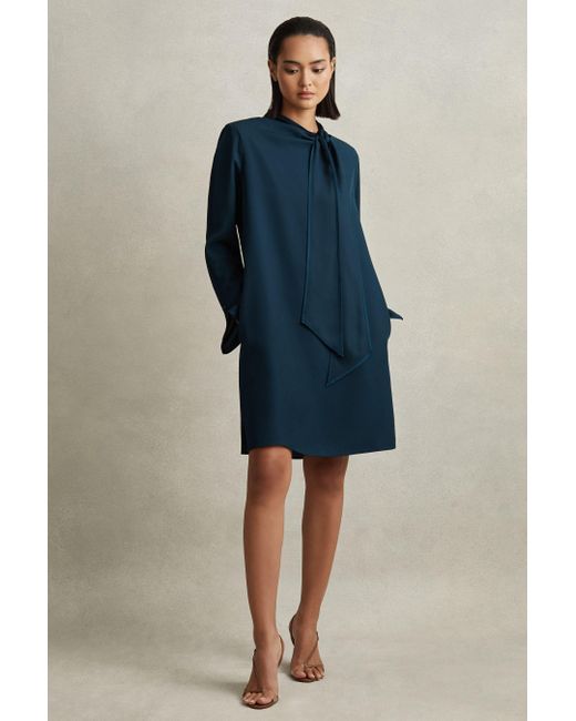Reiss Blue Avery - Teal Tie Neck Belted Mini Dress