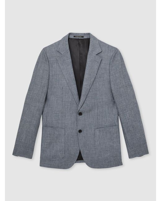 Reiss Gray Slim Fit Single Breasted Linen Check Suit Blazer for men