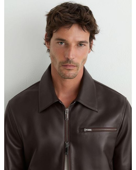 Reiss Black Leather Zip-Through Jacket for men