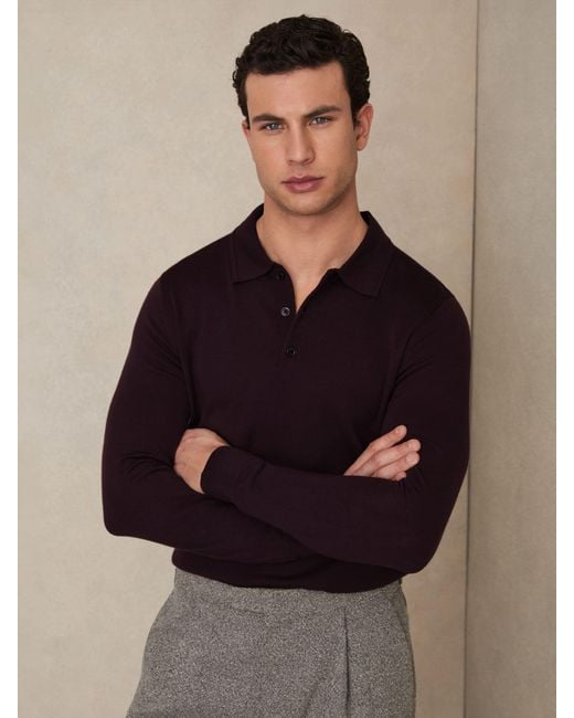 Reiss Brown Trafford Dark Bordeaux Merino Wool Long-Sleeve Polo Shirt for men