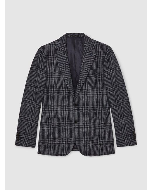Reiss Blue Wool-Blend Check Single-Breasted Blazer Tailored-Fit for men