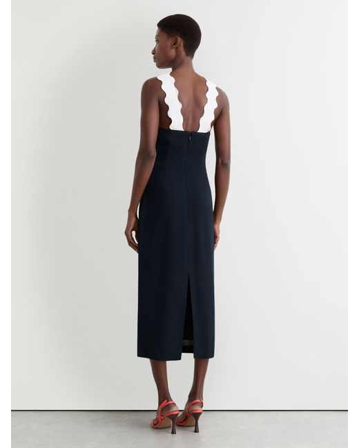 Reiss White Contrast Wave-Trim Fitted Midi Dress