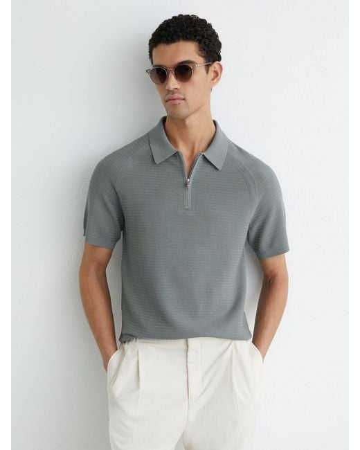 Reiss Gray Estate - Sage Textured-knit Half-zip Polo Shirt, Xl for men