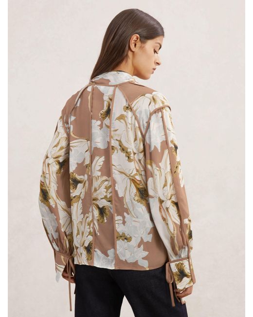 Reiss Natural Maggie - Pink/ivory Floral-print Tie-neck Blouse, Us 2