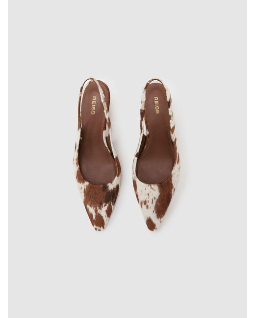 Reiss Brown Leather Cow-Print Slingback Court Shoes