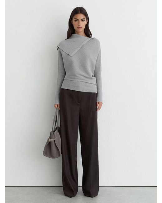 Reiss Gray Asymmetric Zip-Neck Rib-Knit Jumper