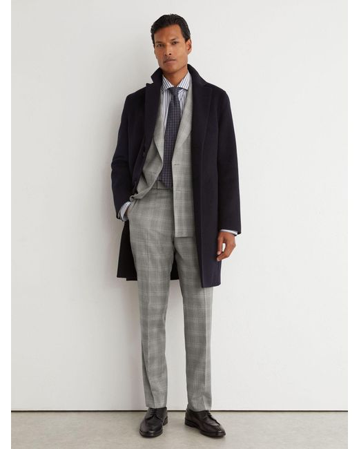 Reiss Gray Wool Check Side-Adjuster Suit Trousers Classic-Fit for men