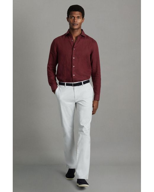 Reiss Red Ruban - Pecan Brown Linen Button-through Shirt for men