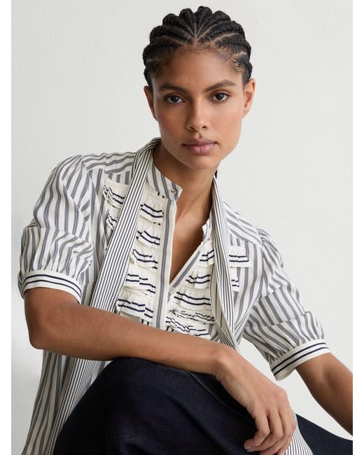 Reiss White Striped Ruffle-Trim Tie-Neck Blouse