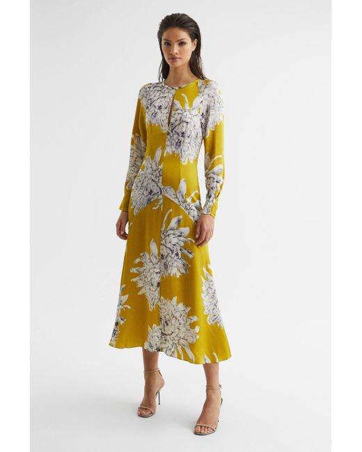 Reiss Yellow Mani - Lime Floral Printed Midi Dress, Us 8