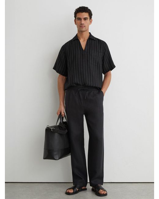 Reiss Gray Quest - Black Linen Pinstripe Open-collar Shirt, 2x-large for men