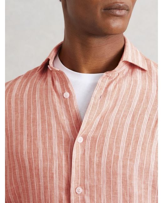 Reiss Pink Rose & Bengal Stripe Linen Striped Long Sleeve Shirt for men