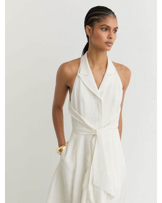 Reiss White Sleeveless Tie-Front Midi Dress With Linen