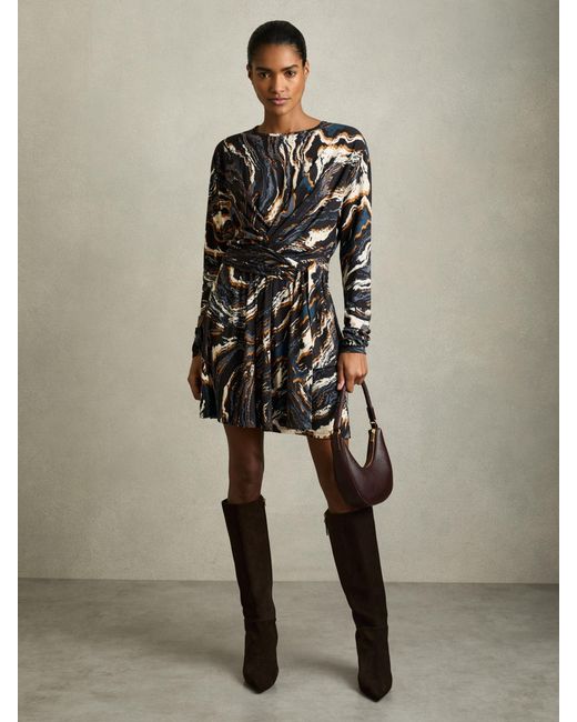 Reiss Natural Abstract Print Tie-Waist Mini Dress